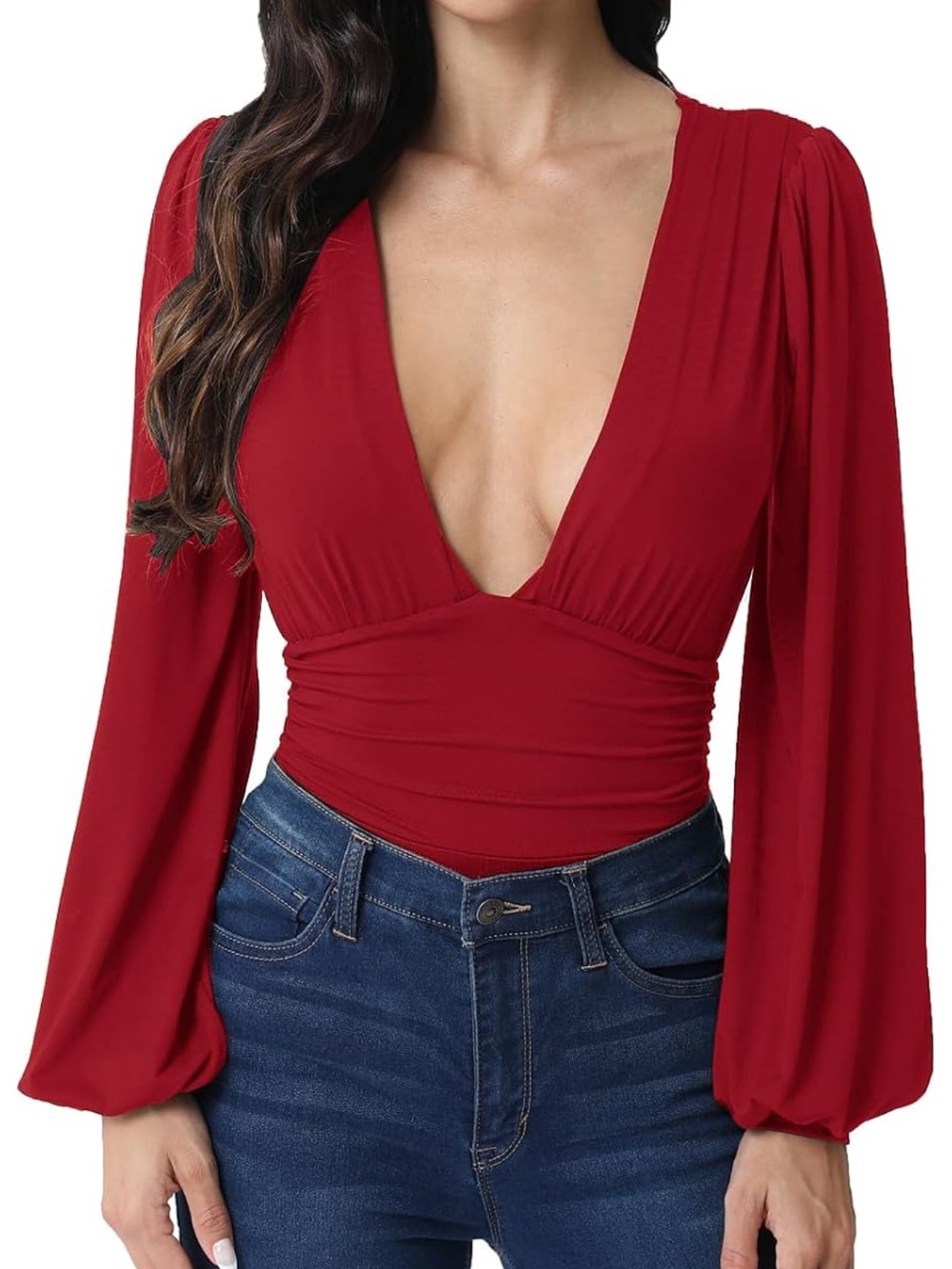 Practically New Plunge V Neck Long Sleeve Puff Sleeve Bodysuit